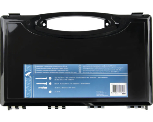 Sortiment de șuruburi și dibluri în cutie de scule neagră