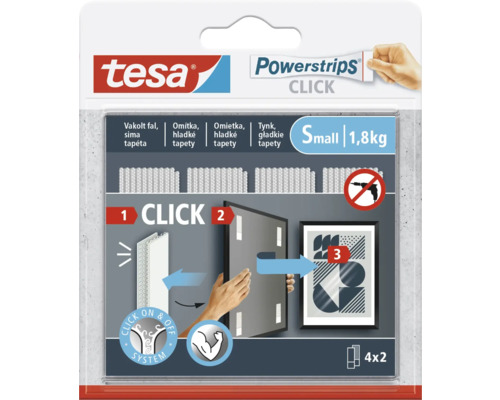 Tesa Powerstrips Click, model mic, capacitate portantă 1,8 kilograme, pentru agățarea ramelor foto fără găurire