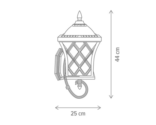 Desen al unei lămpi de perete exterioare cu dimensiunile de 44 cm înălțime și 25 cm lățime.