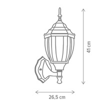 Schiță dimensională a unei lămpi de perete cu o înălțime de 41 centimetri și o lățime de 26,5 centimetri.