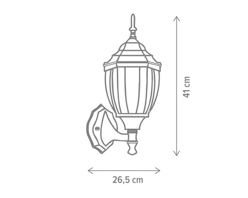 Schiță dimensională a unei lămpi de perete cu o înălțime de 41 centimetri și o lățime de 26,5 centimetri.