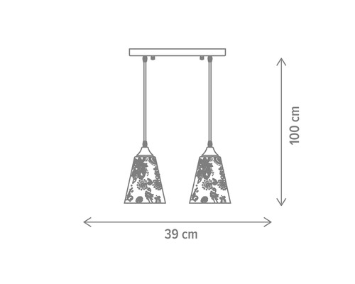Dimensiunile unei lămpi suspendate cu două abajururi, lățime de 39 cm și înălțime de 100 cm