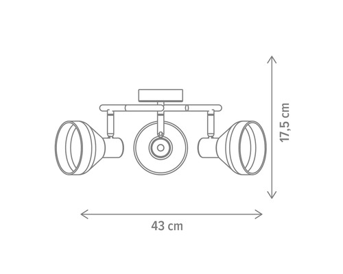 Dimensiunile plafonierei cu trei spoturi: 43 cm lățime și 17,5 cm înălțime