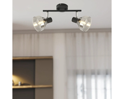 Lumină de plafon cu două spoturi din sticlă și metal