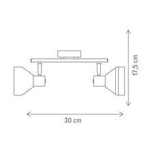 Desen tehnic al unei lămpi de tavan cu două spoturi, dimensiuni: 30 cm lățime și 17,5 cm înălțime