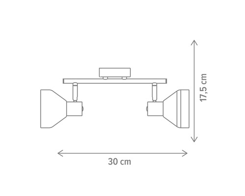 Desen tehnic al unei lămpi de tavan cu două spoturi, dimensiuni: 30 cm lățime și 17,5 cm înălțime