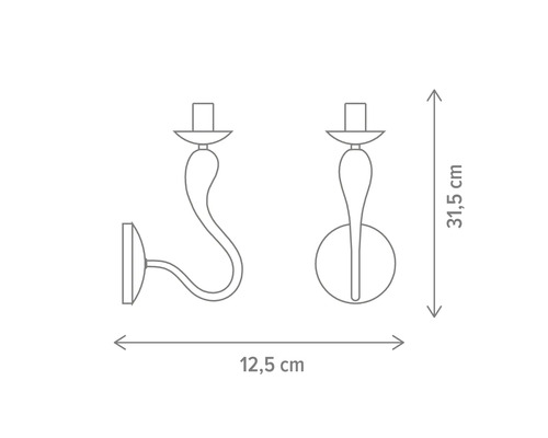 Schiță a unei lămpi de perete cu dimensiunile de 12,5 cm și 31,5 cm