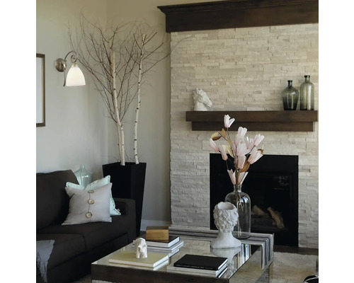 Cameră de zi cu canapea, măsuță de cafea și șemineu