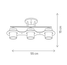 Desen tehnic al plafonierei cu trei lămpi și dimensiunile de 55 cm lățime și 15 cm înălțime.