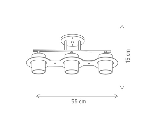 Desen tehnic al plafonierei cu trei lămpi și dimensiunile de 55 cm lățime și 15 cm înălțime.