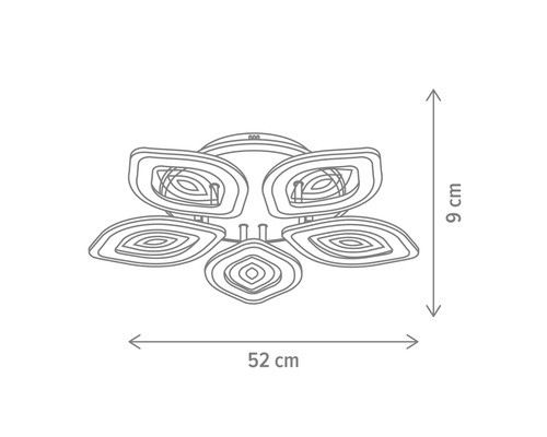 Desen tehnic al plafonierei, lățime de 52 centimetri și înălțime de 9 centimetri.