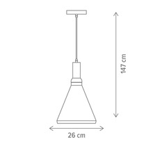 Desen tehnic al unei lămpi suspendate cu dimensiunile de 147 cm înălțime și 26 cm diametru