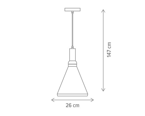 Desen tehnic al unei lămpi suspendate cu dimensiunile de 147 cm înălțime și 26 cm diametru