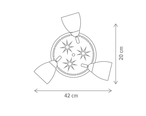 Desen tehnic al unei lămpi de tavan cu model de stele și dimensiunile de 42 pe 20 de centimetri