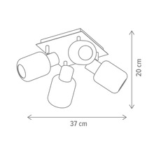 Desen tehnic al unei lămpi de tavan cu patru spoturi și dimensiunile de 37 pe 20 de centimetri.