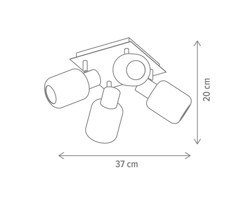 Desen tehnic al unei lămpi de tavan cu patru spoturi și dimensiunile de 37 pe 20 de centimetri.
