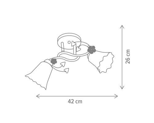 Desen tehnic al unei lămpi de plafon cu două lămpi, dimensiuni 42 pe 26 centimetri