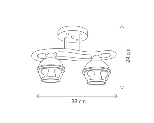 Desen tehnic al unei plafoniere cu două lămpi și dimensiuni de 38 pe 24 cm.
