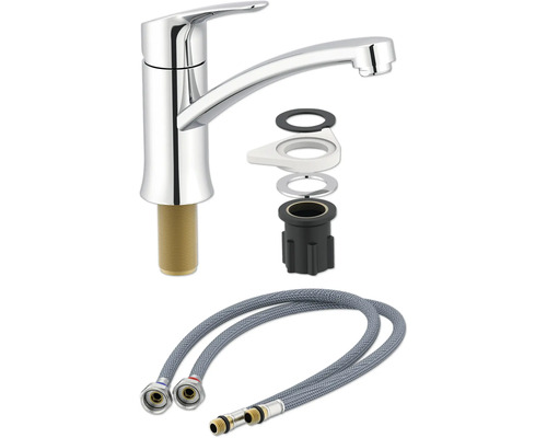 Baterie de bucătărie cu material de montaj și furtunuri de conectare