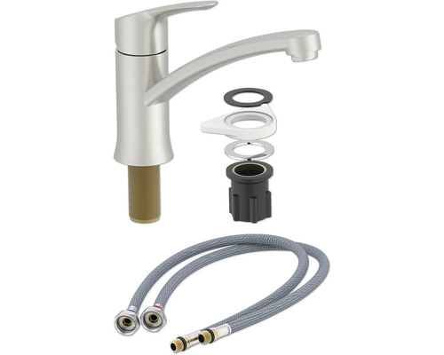 Baterie de bucătărie cu accesorii de montaj și furtunuri de conectare flexibile