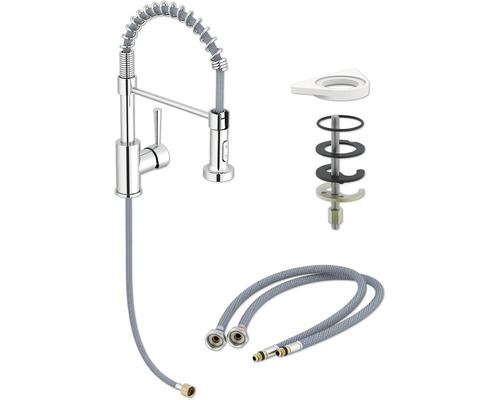 Baterie de bucătărie cu furtun de duș și accesorii de montaj