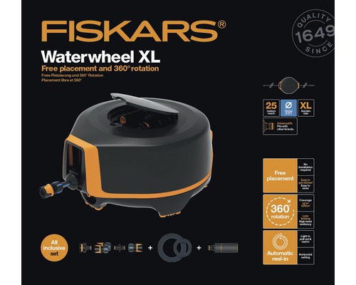 Fiskars Waterwheel XL tambur cu furtun de grădină cu o rază de acțiune de 25 de metri