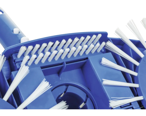 Vizualizare detaliată a unei perii de piscină albastră cu peri albi