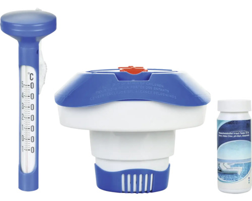 Set de întreținere piscină cu termometru, dozator plutitor și benzi de testare