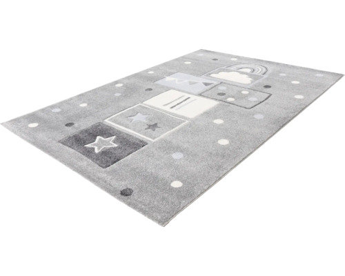 Covor gri pentru copii, cu motive cu stele, curcubeu și nori