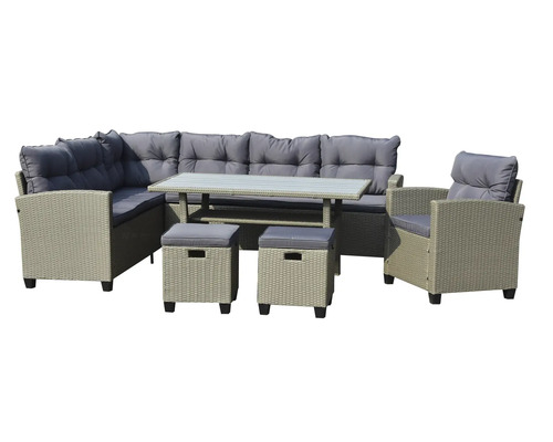 Set de mobilier de grădină cu canapea de colț, fotoliu, masă și taburete