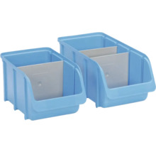 Două cutii de depozitare albastre din plastic cu compartimente pentru depozitarea pieselor mici.