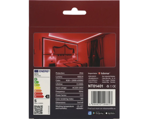 Ambalajul unei ghirlande luminoase LED cu date tehnice și un exemplu de cameră