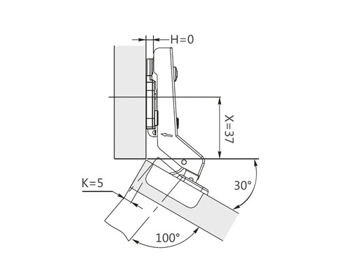 Desen tehnic al unei balamale pentru mobilă cu dimensiuni