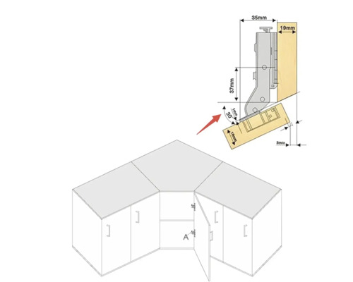 Desen al unei soluții de dulap de bucătărie de colț cu detalii despre balamale și indicații de dimensiuni