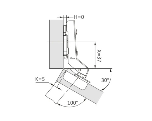 Desen tehnic cu o balama de mobilă cu cote