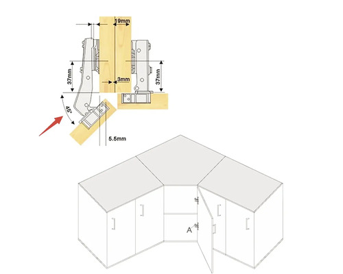 Schiță a unui dulap de colț cu dimensiunile unei balamale