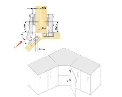 Desen tehnic dulap de colț cu balama aplicată