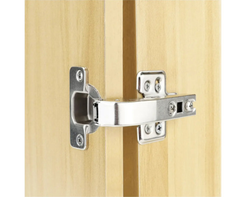 Balamală de mobilă din oțel inoxidabil atașată la o ușă de lemn