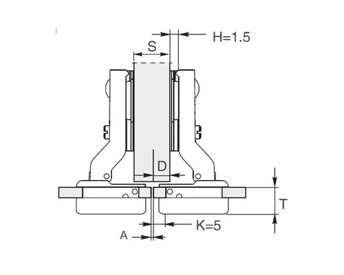 Desen tehnic al unei balamale de mobilă cu dimensiuni