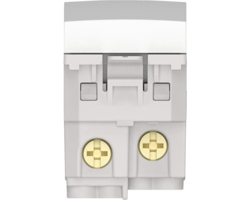 Vizualizare detaliată a unui întrerupător automat alb cu borne cu șurub