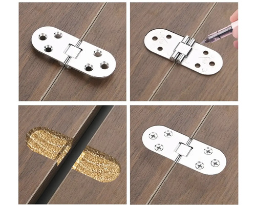 Patru vederi ale unei balamale de mobilier pe o suprafață de lemn, care arată instalarea și funcția.