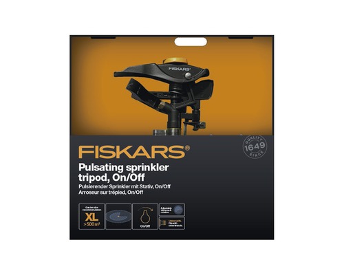 Aspersor pulsatoriu cu trepied Fiskars, pornit/oprit în ambalaj