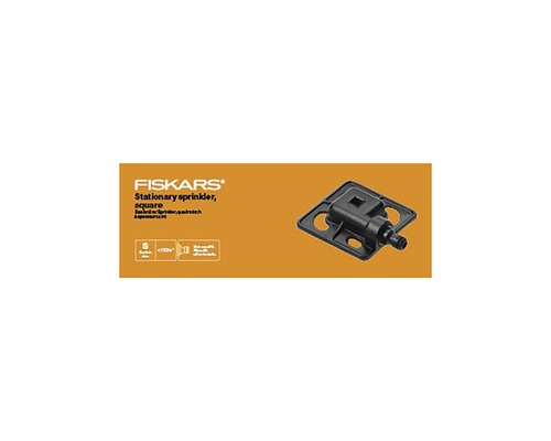 Aspersor oscilant pătrat Fiskars pe ambalaj
