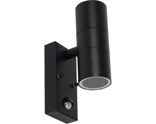 Lumină de perete exterioară neagră cu senzor de mișcare.