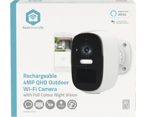 Ambalajul unei camere de exterior Wi-Fi 4MP QHD reîncărcabile cu vedere nocturnă color de la Nedis SmartLife