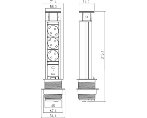 Desen tehnic al unui element de priză cu dimensiuni