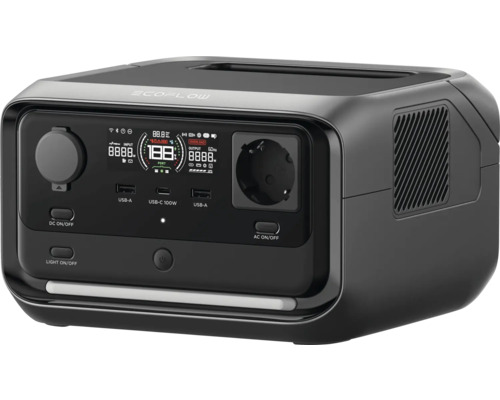 Stație de alimentare EcoFlow cu diverse porturi și afișaj