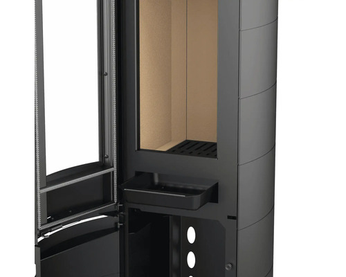 Imagine detaliată a unui șemineu cu ușa deschisă și cenușar