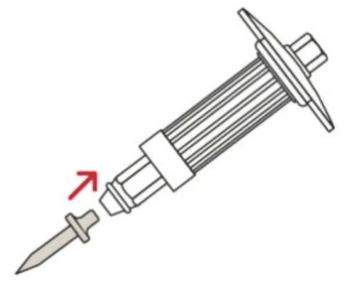 Reprezentare a unei lanțe de injecție cu o săgeată care evidențiază punctul de conectare
