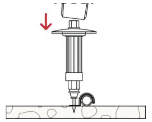 Reprezentarea unei fixări cu o săgeată în jos pe o suprafață din lemn.